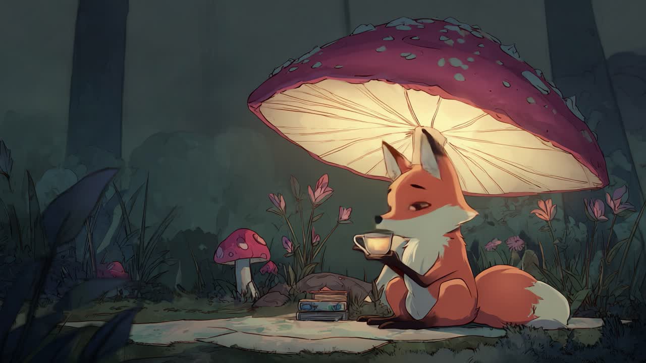 A Charming Fox Enjoys a Cozy Tea Moment Under a Large Mushroom Amidst a Serene Forest Landscape, Surrounded by Delicate Flowers and Magical Fungi