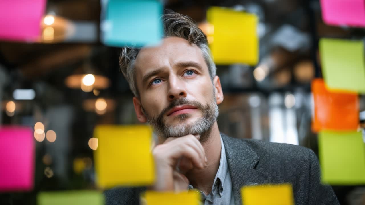 Contemplation Amidst Creativity: A Man Deep in Thought Surrounded by Colorful Sticky Notes in a Modern Workspace