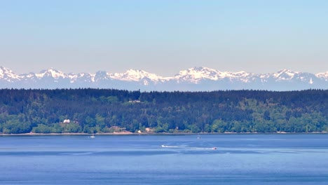 panoramic view of a serene bay with forested shoreline and snow-capped mountains