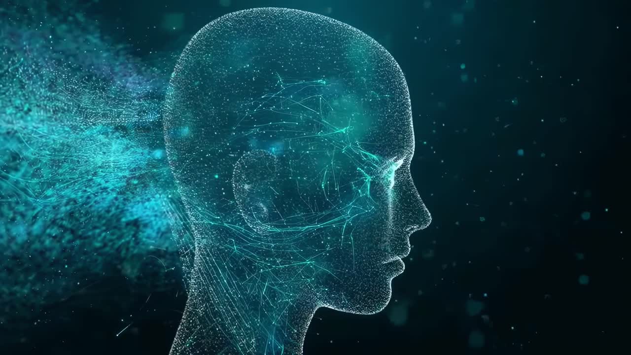 Profilo di testa digitale futuristico con linee luminose, angolazione laterale. Perfetto per video tecnologici. Sfondo animato per desktop.