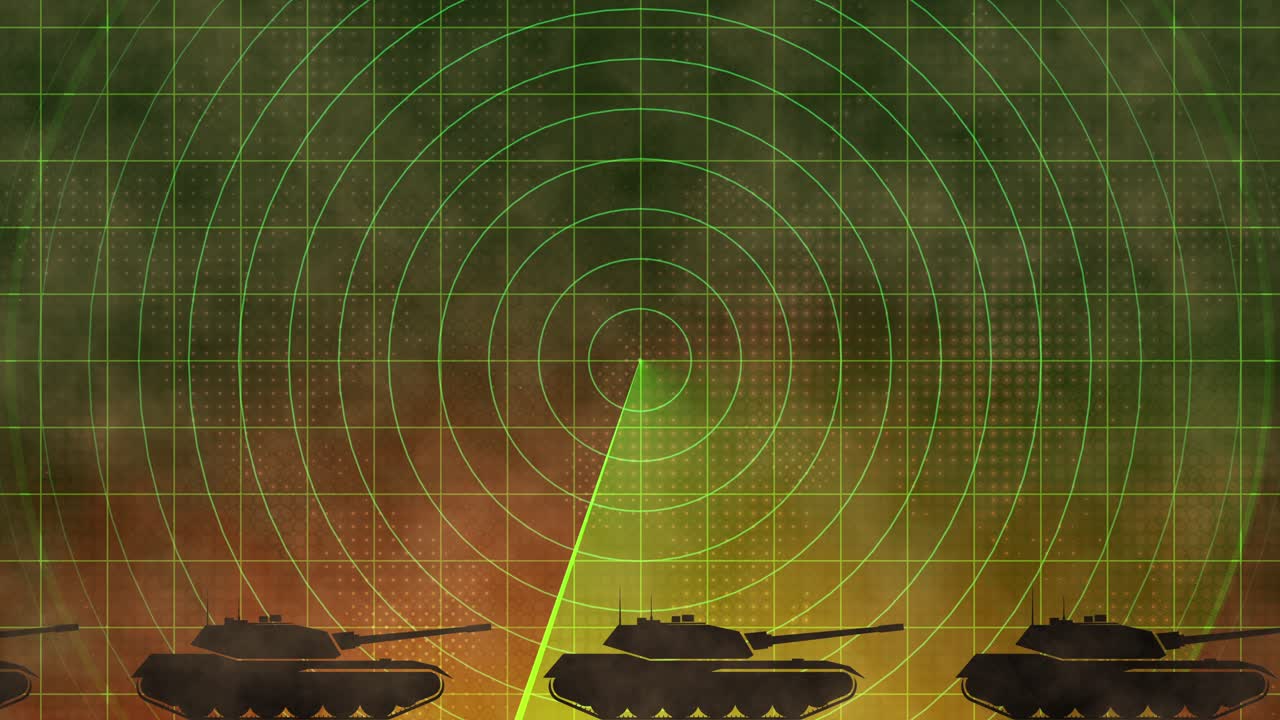 Military concept background with radar screen - surveillance system tracks armored tanks in combat zone amid battlefield smoke and fire