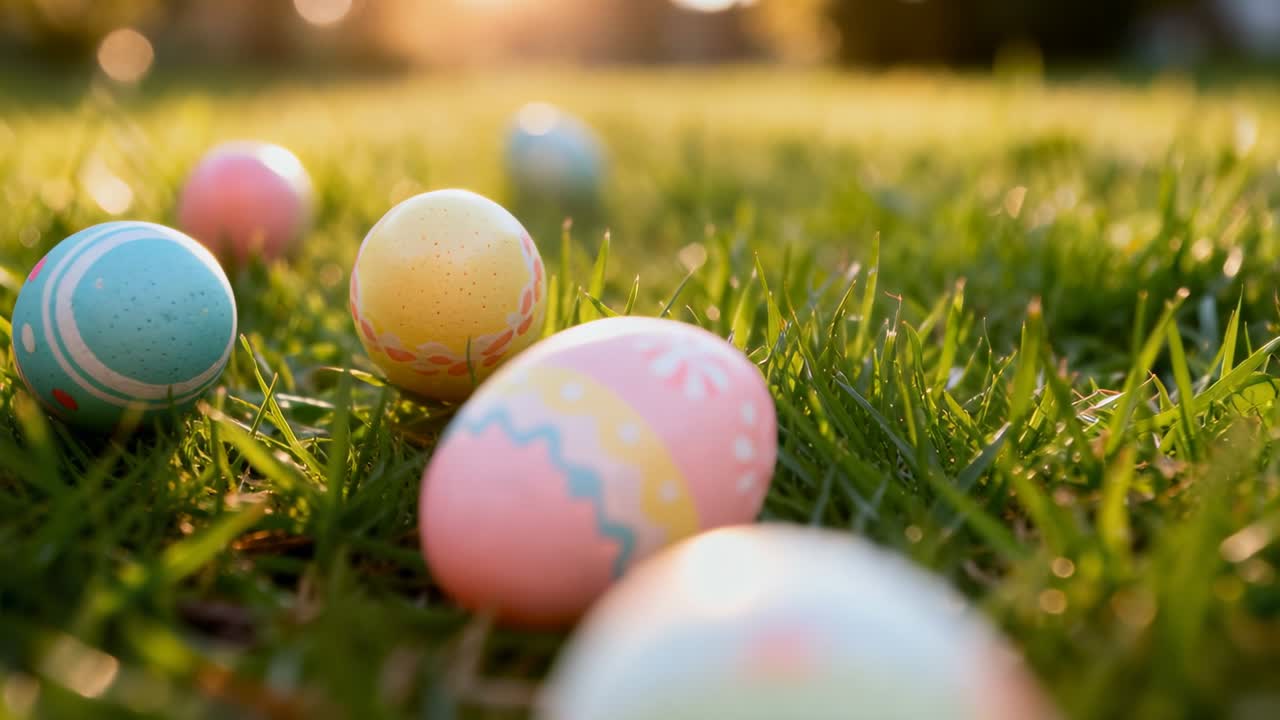 Pulling back camera revealing decorated pastel Easter eggs on lawn at golden-hour, to reveal group
