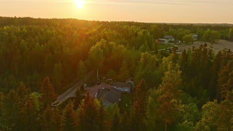 Aerial-view-away-from-a-house-in-middle-of-vibrant-forest,-on-a-summer-evening