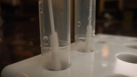 cerrar hisopos de prueba de coronavirus covid-19 en tubos para pruebas rápidas de antígenos en el hogar