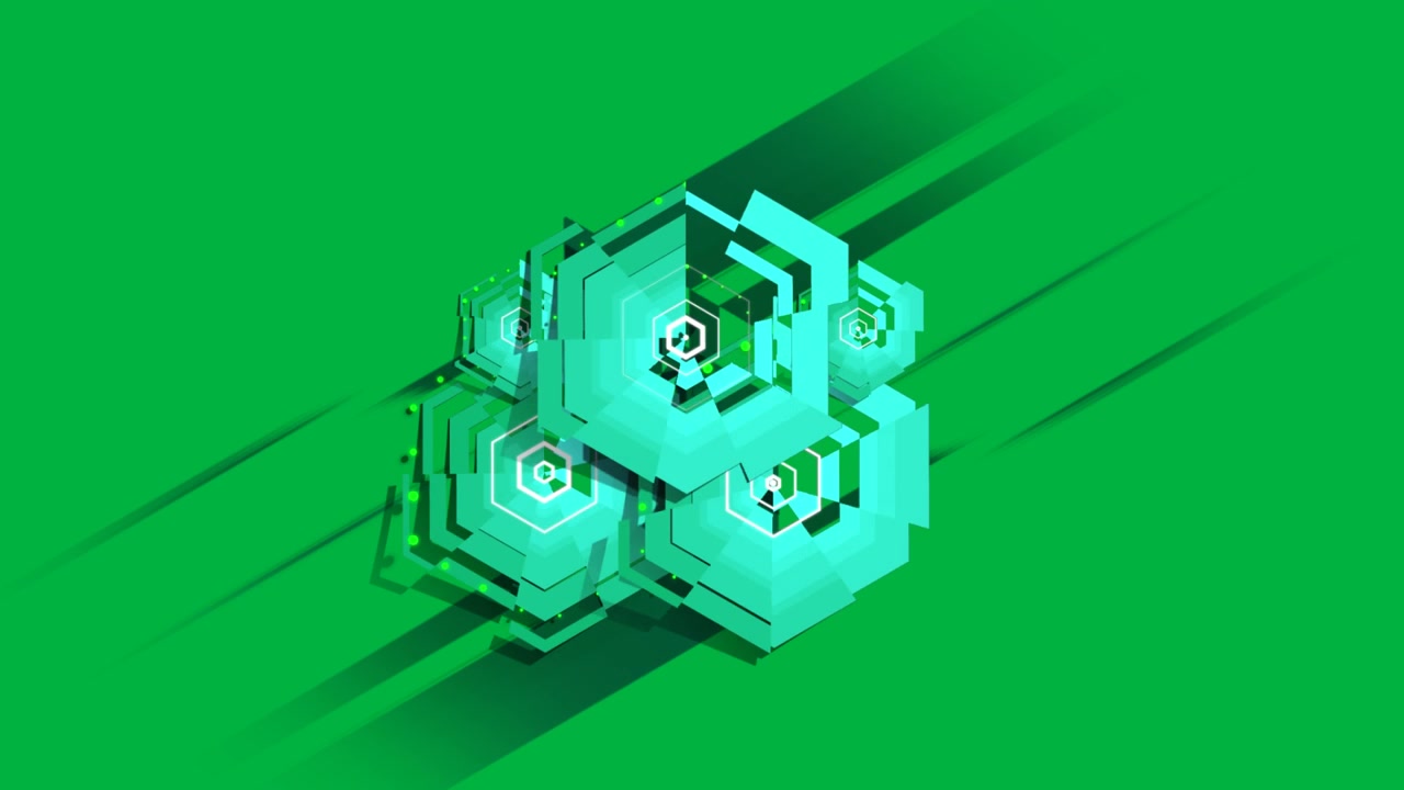 Teal wedge aligning on track spawning hex rings forming on transparent canvas, mapping data nodes