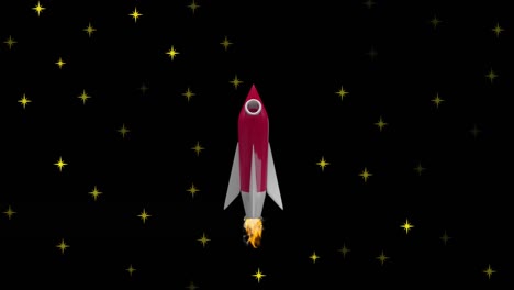 animation of space rocket flying in space over stars on black background