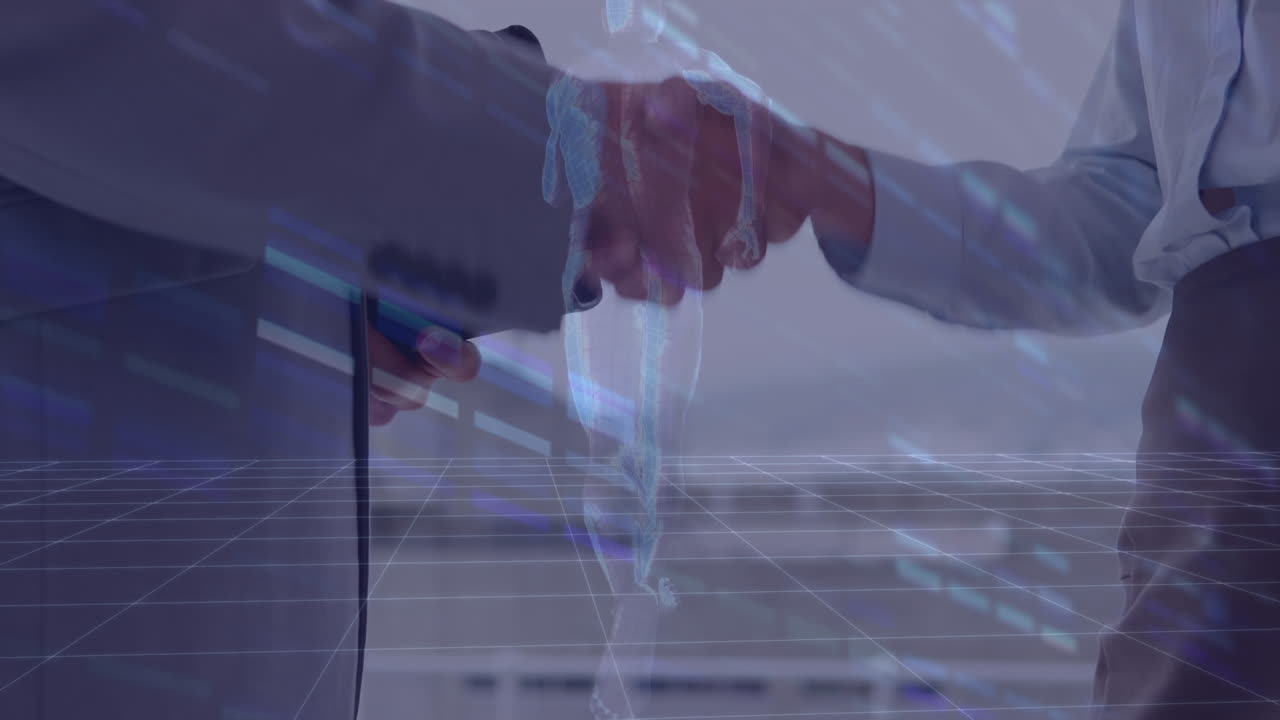 Animation of businesspeople shaking hands over running human silhouette