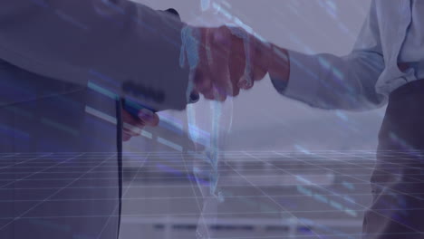 animation of businesspeople shaking hands over running human silhouette