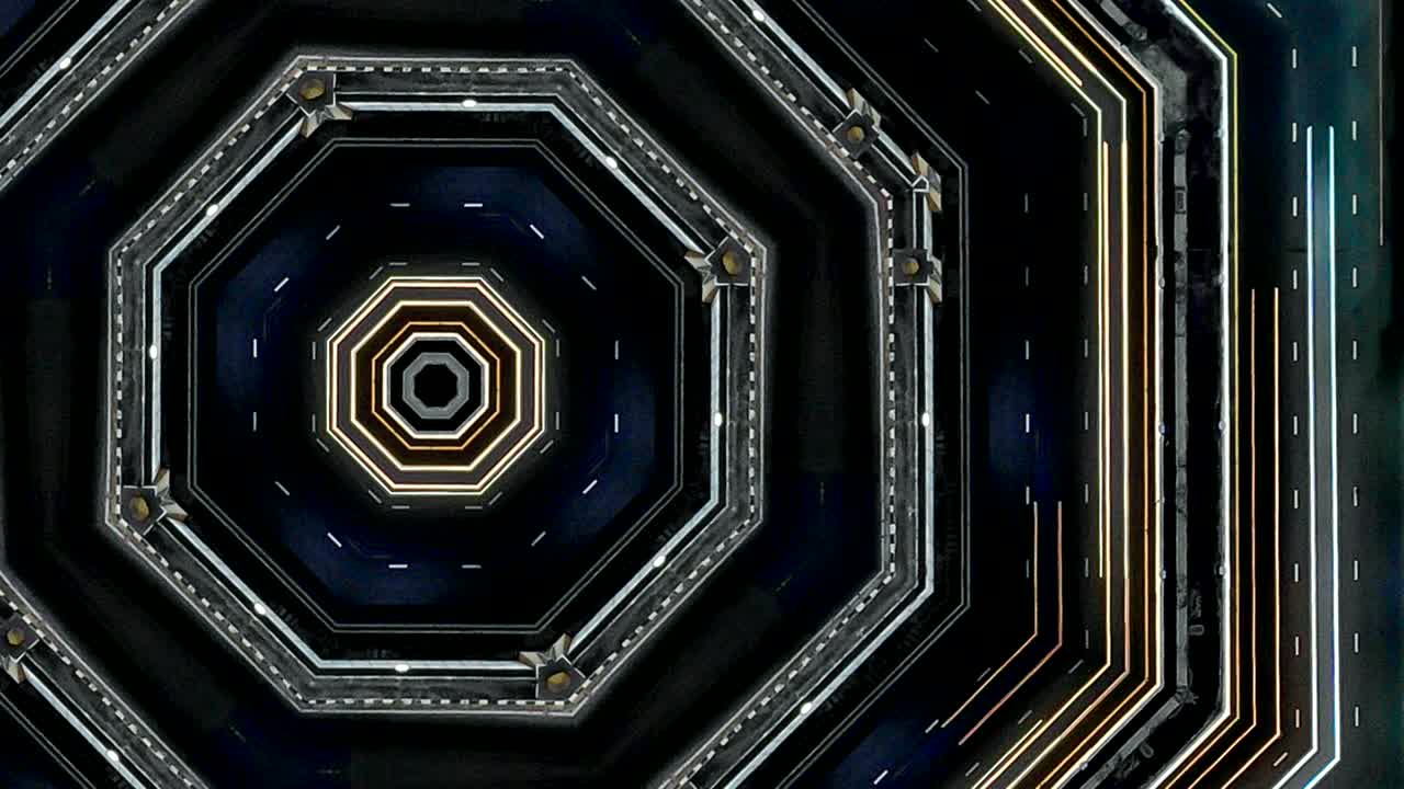 추상적인 미래의 터널에서 비행의 애니메이션과 함께 미래의 추상적인 배경, 네온 빛의 선 패턴.