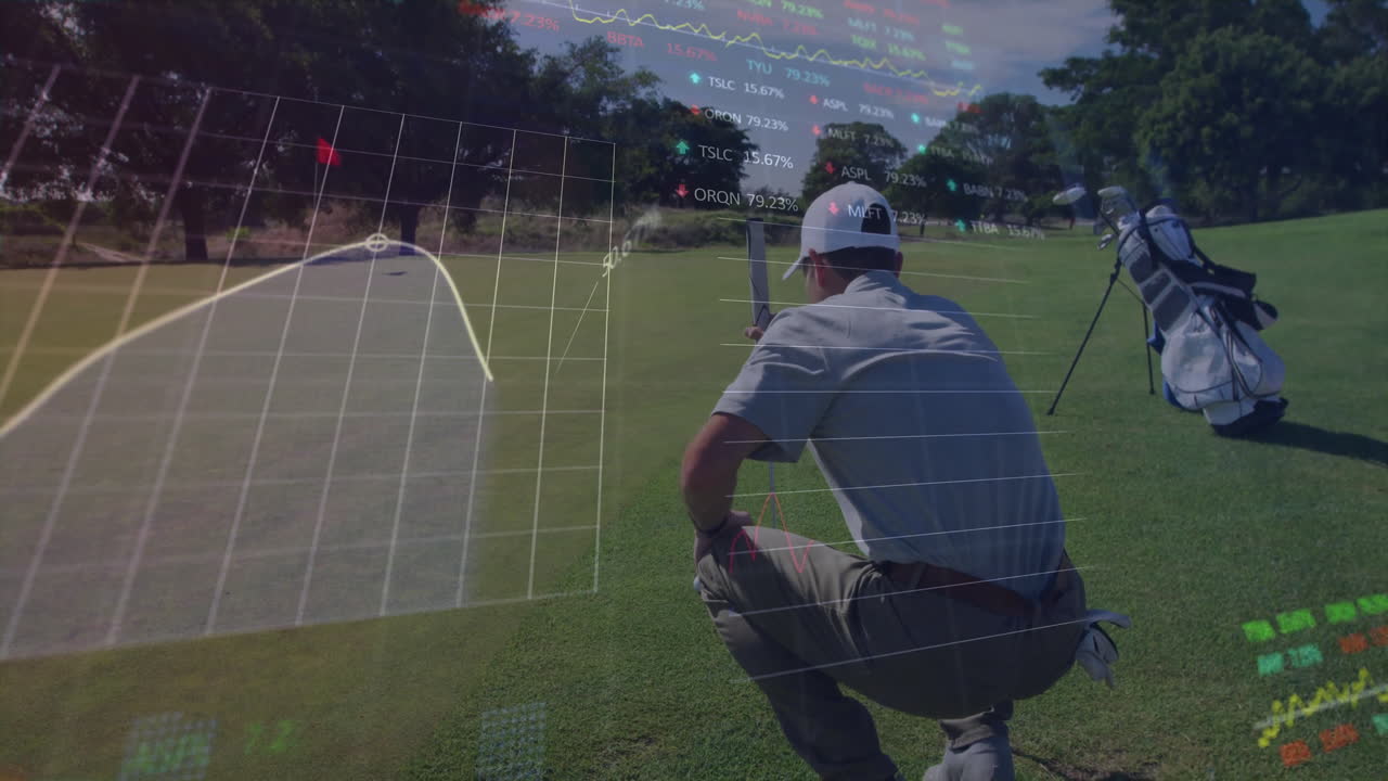 Golfer crouching analyzing putting green, displaying finance charts, percentages and stock tickers