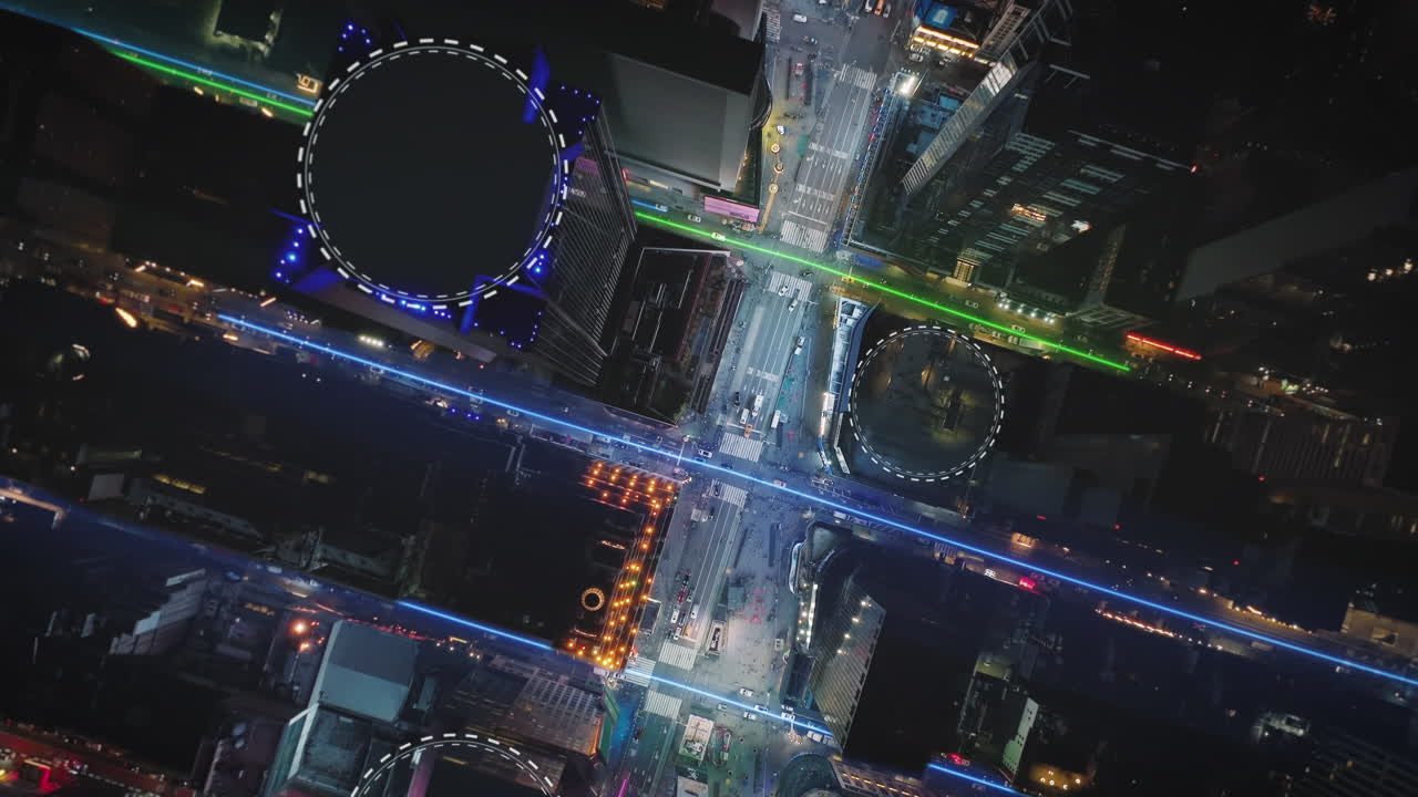 6g connection moving around illuminated urban city streets and marked buildings - 3D Render