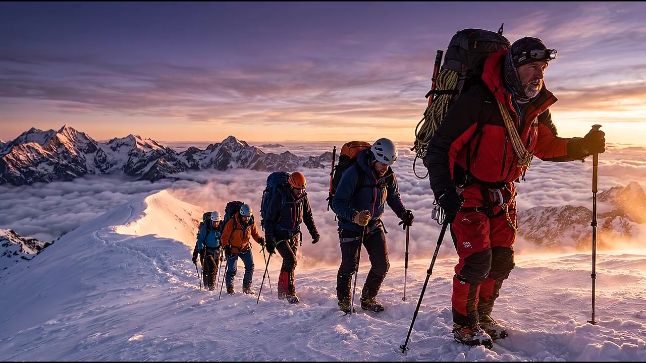 Outdoor adventure team climbing snowy trail during physical exercise expedition