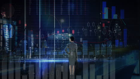 animación del procesamiento de datos financieros sobre la mujer empresaria y el paisaje urbano