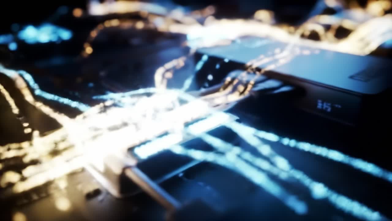 Illuminated Circuitry: A Stunning Close-Up of Digital Connections and Data Flow, Showcasing the Intricate Design of Modern Technology and Its Networked World