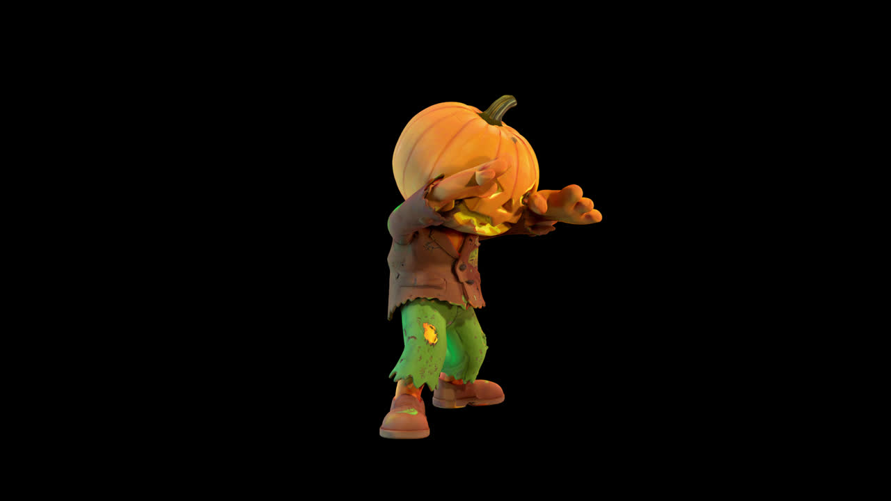 Personaggio animato con la testa di zucca che esegue una camminata da zombie