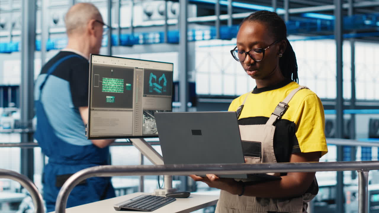 Smiling engineer overseeing smart factory, looking at collected data on laptop