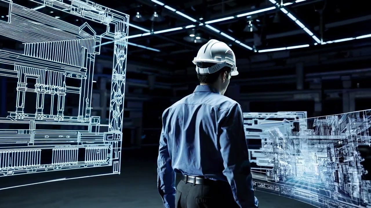 Insinyur sedang memeriksa cetak biru holografik digital di fasilitas industri