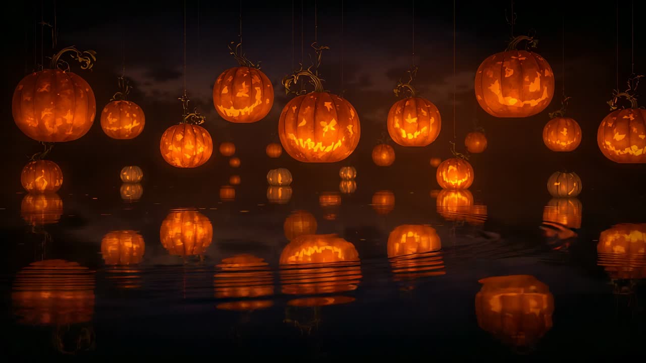 Hanging pumpkins swaying under night sky, casting reflections on water, rain rippling surface