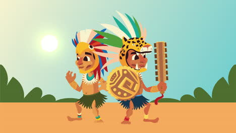 culture aztec natives with animals hat in the camp animation