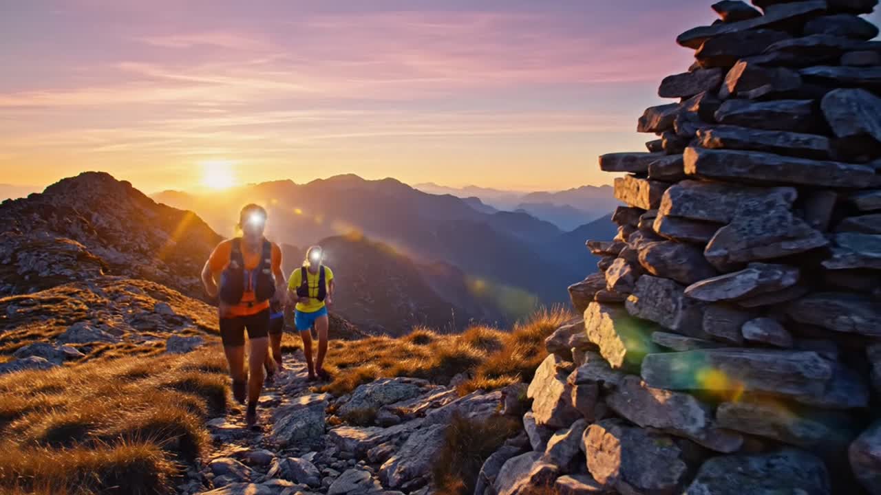 Trail runner che salgono una montagna al tramonto indossando lampade frontali