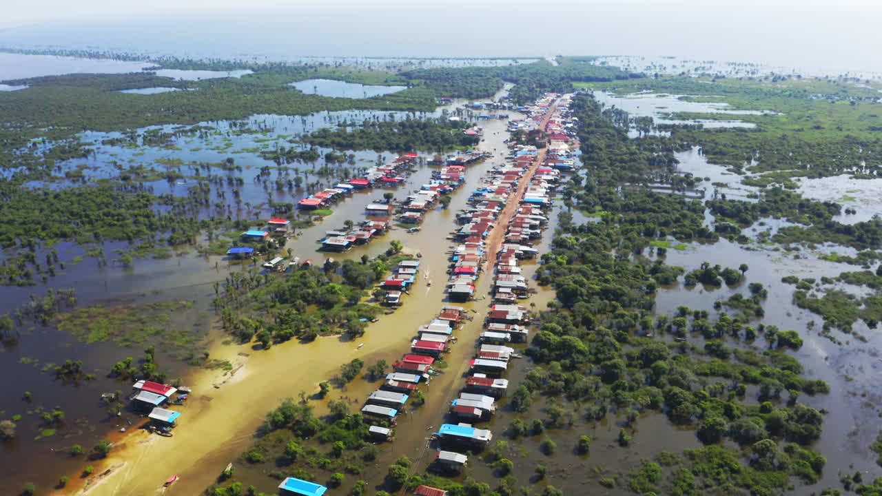 Aerial View, Houses At Kampong Phuk Floating Village In Cambodia.