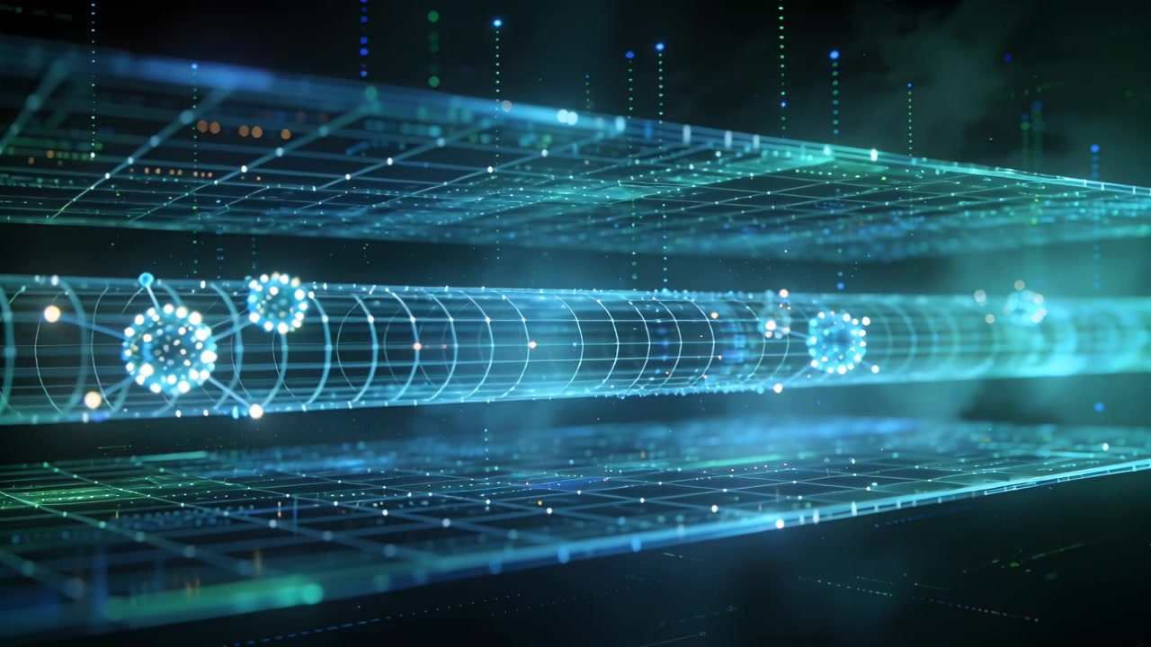 Appearing from left, new particle clusters traveling through glowing conduit, simulating data flow