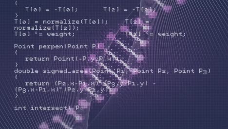 Animation-Eines-DNA-Strangs,-Der-Sich-über-Die-Digitale-Datenverarbeitung-Auf-Blauem-Hintergrund-Dreht