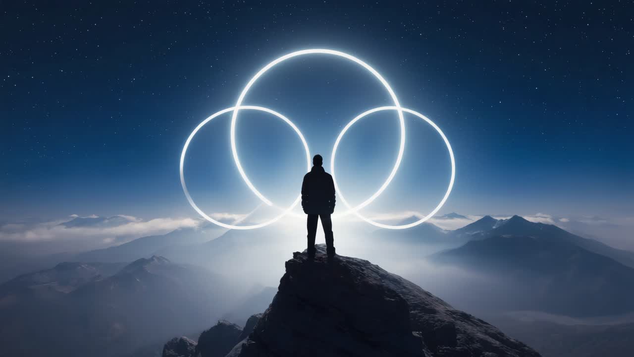 Person standing on a mountain peak under a starry night sky with glowing abstract circles