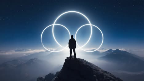 person standing on a mountain peak under a starry night sky with glowing abstract circles