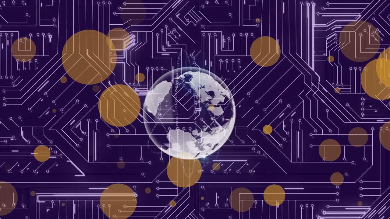 Animation of globe and light spots over computer circuit board on black background
