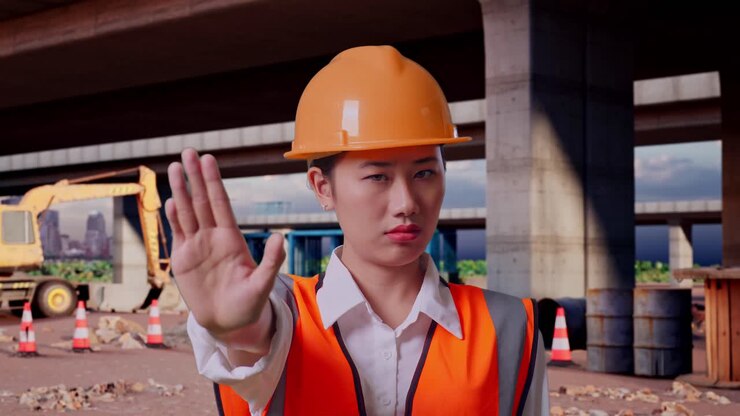 Primo piano di un'ingegnera asiatica con casco di sicurezza che esprime disapprovazione con il gesto della mano mentre si trova nel sito di costruzione di un'autostrada