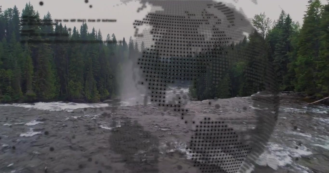 Alussa 3D-maapallo pyörii ja liukenee pisteiksi, paljastaen jokikanjonin, jossa kosket kuohuvat ja sumu nousee.