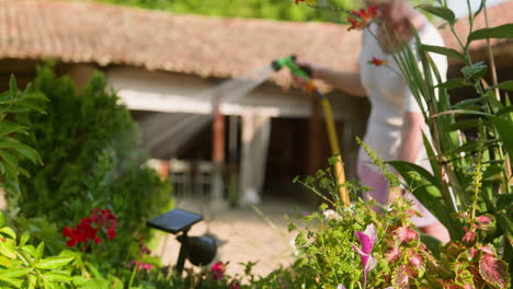 Mujer-Jardinero-Aguas-Patio-Flores-Con-Manguera-De-Riego-Mañana-De-Verano