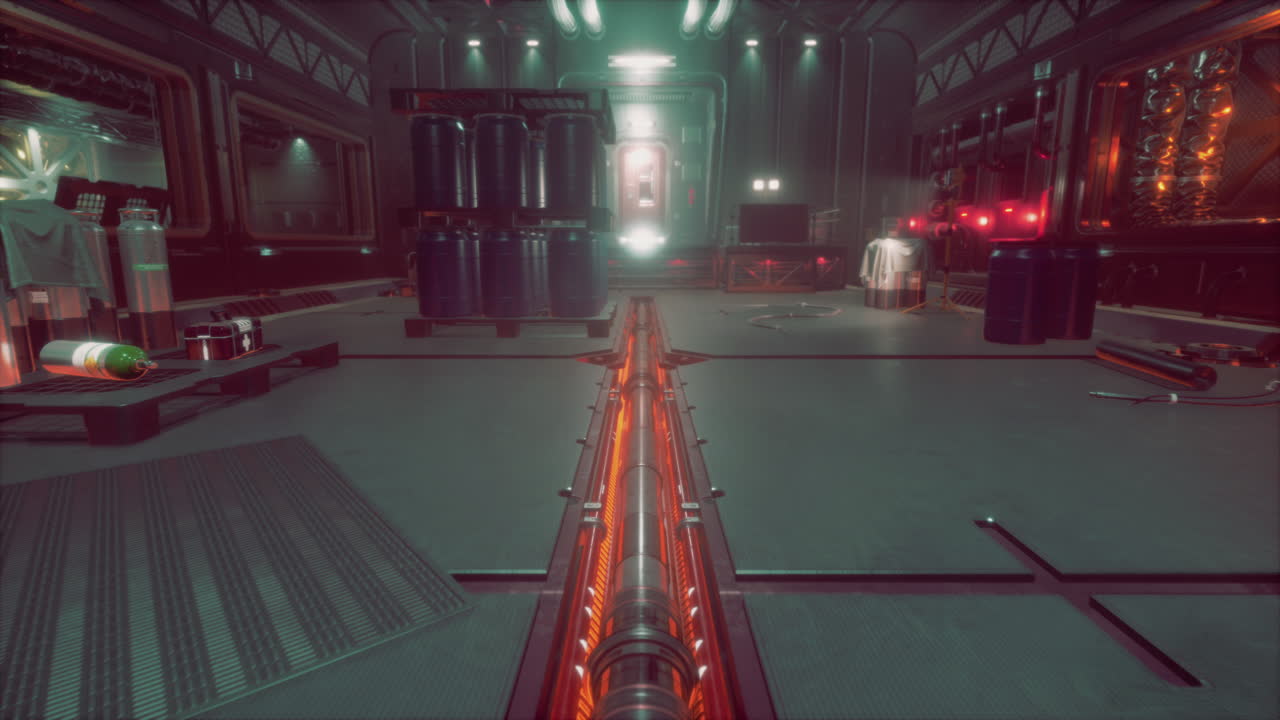 빛나는 파이프와 산업 장비가 있는 공상과학 우주선 복도