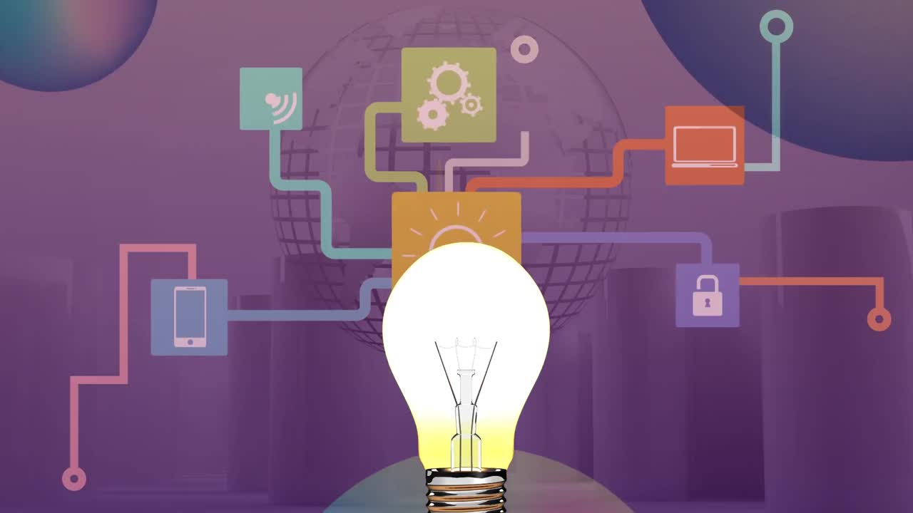 미디어 아이콘과 글로브 위에 있는 전구의 애니메이션