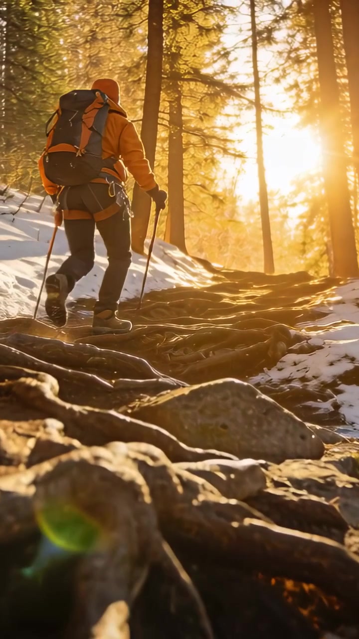 Video verticale: Entrando da sinistra, un escursionista con giacca arancione sale un sentiero nel bosco con un bastone verso un varco illuminato dal sole.