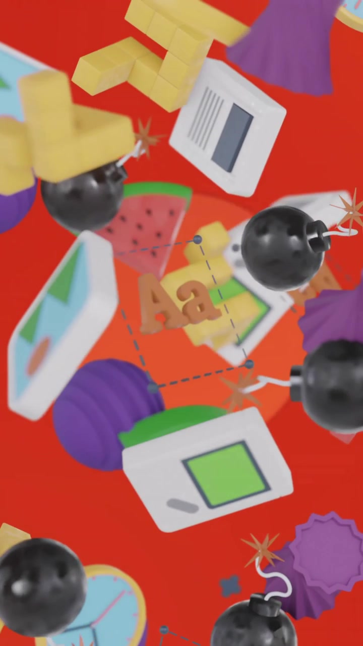 Animation of various 3d media icons falling over orange and red concentric rings