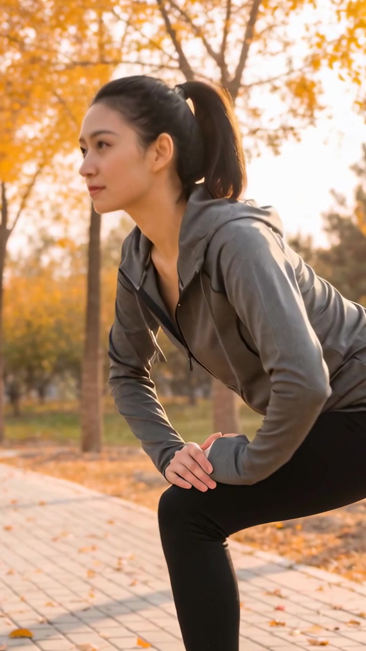 Vertical video: Warming woman doing lunges on park path pre-run, with leaves, hoodie and leggings