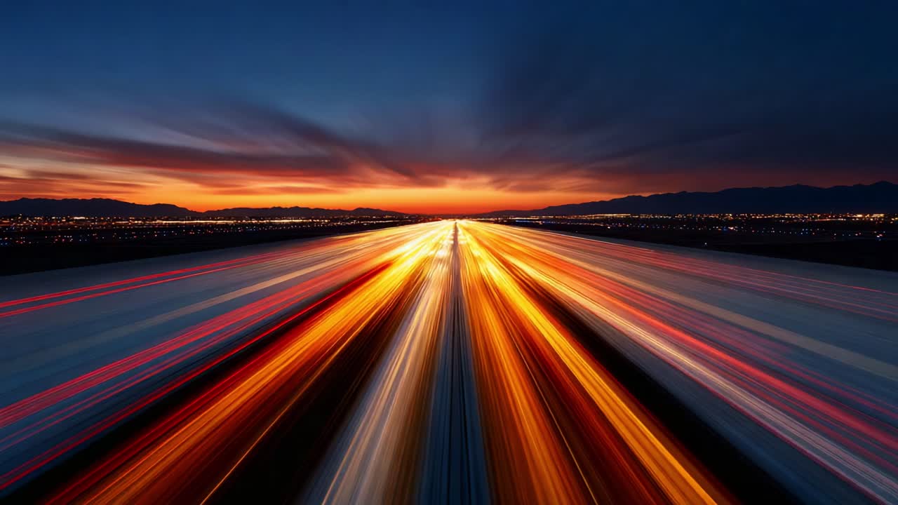 Streaks of Light: A Dynamic Transformation from Sunset to Nighttime Illumination on a High-Speed Highway Captured in Two Dramatic Frames