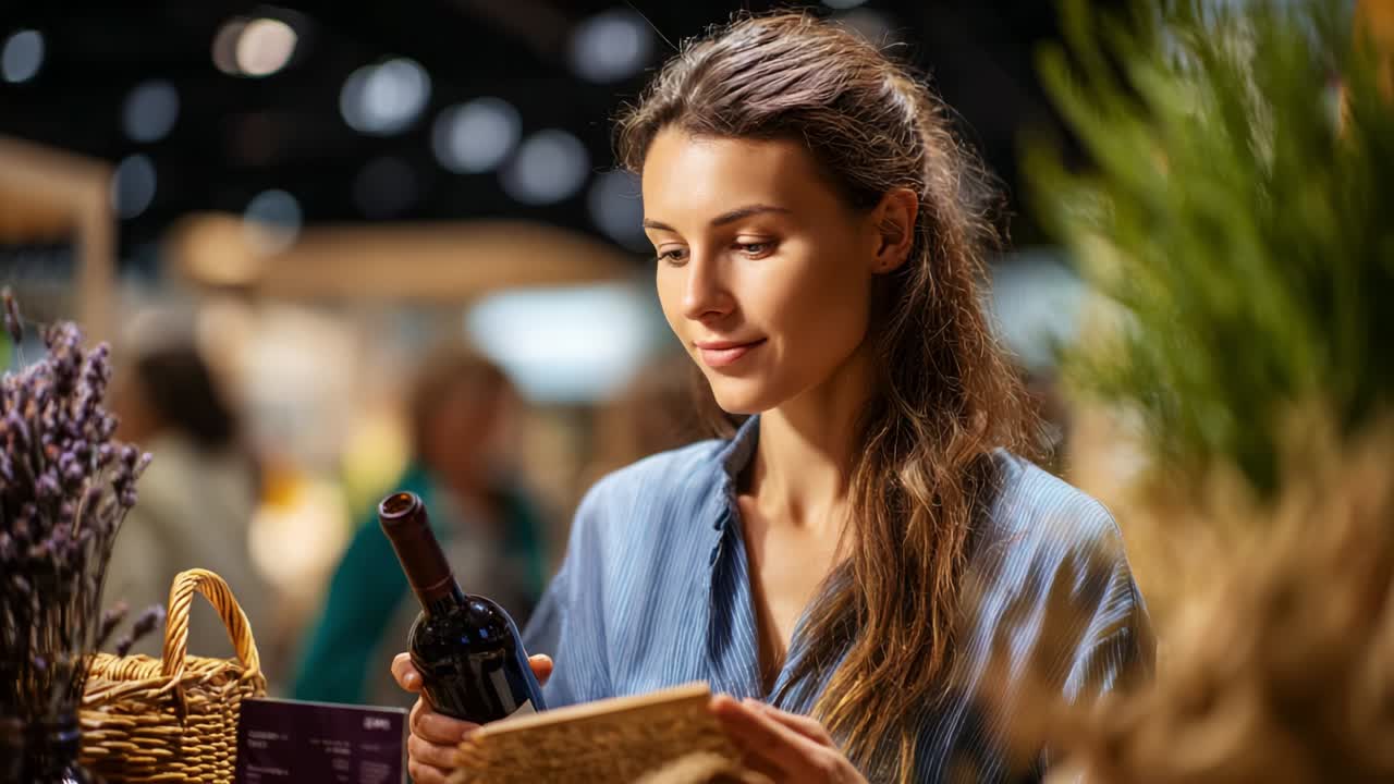 Woman holding bottle of wine at market