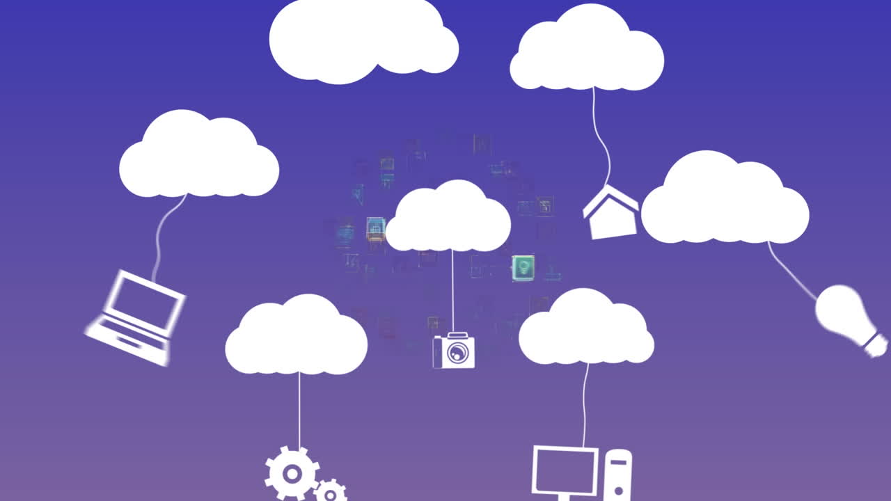 Animation of digital clouds, globe spinning and network of connections over purple background