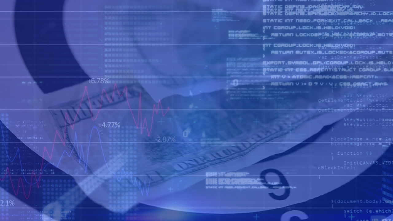 Animation of financial data processing over american dollar bills spinning on target range