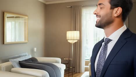 un hombre sonriente en un traje de pie en una sala de estar