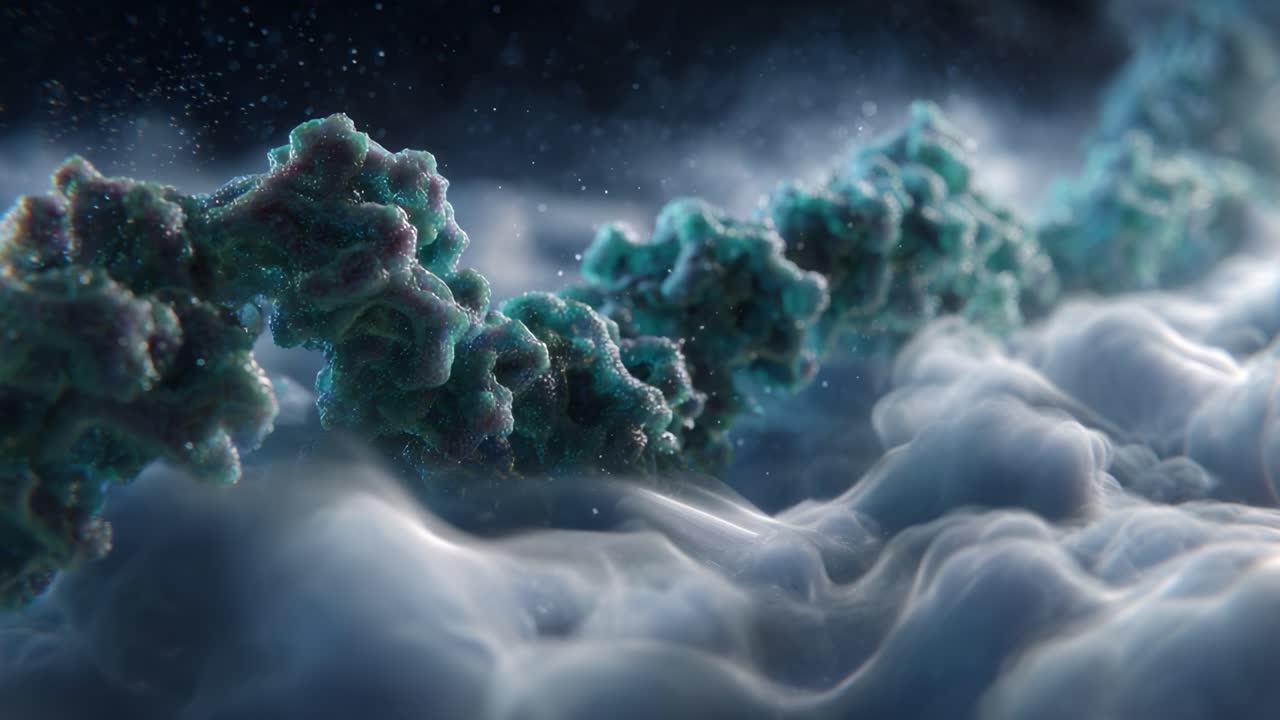 Intricate Molecular Structure Floating Above Ethereal Clouds in a Surreal Scientific Visualization of Cellular Components