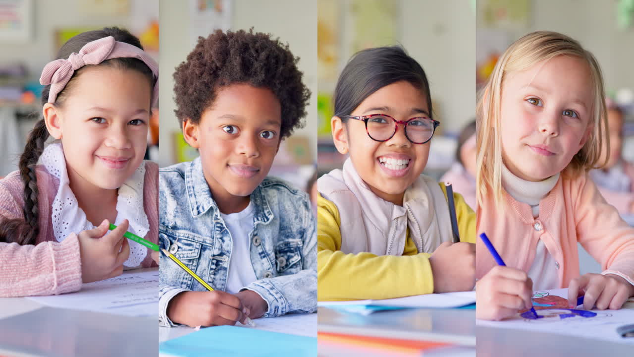 crianças, colagem e retrato com diversidade