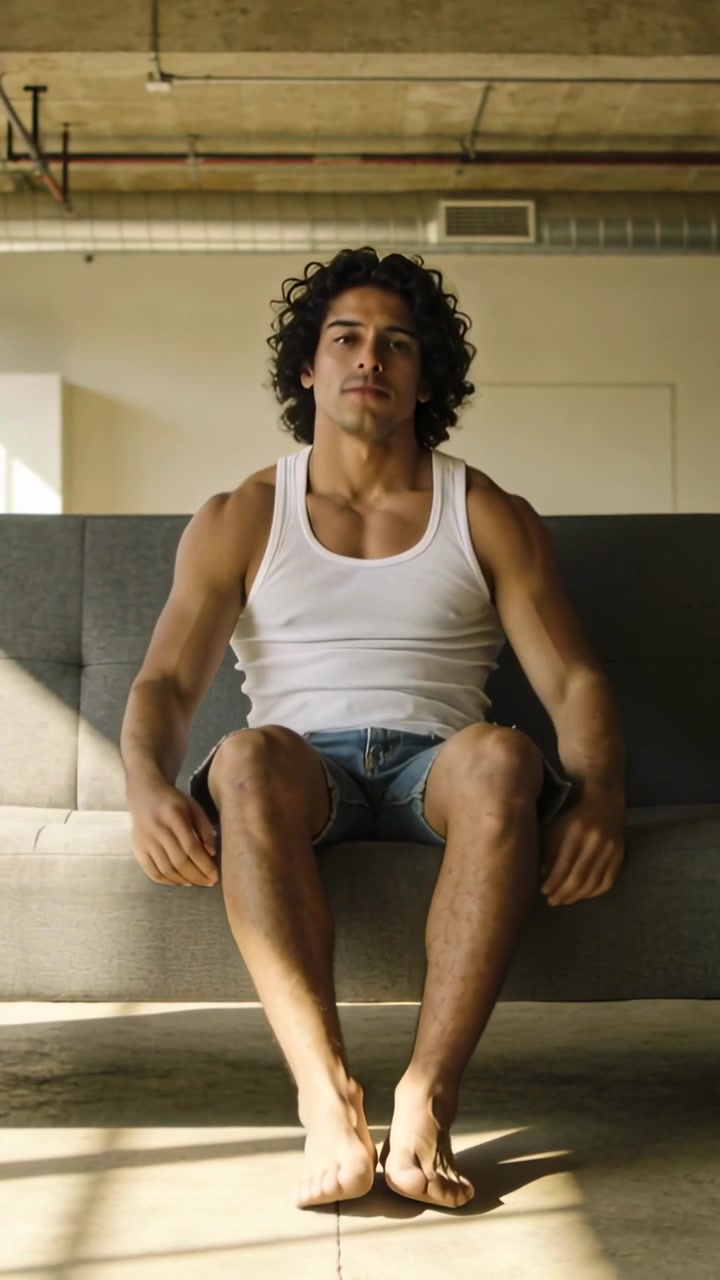 Video verticale: Uomo in canotta e pantaloncini di jeans che si stira su un divano grigio in un loft, con la luce del sole che guida il movimento.