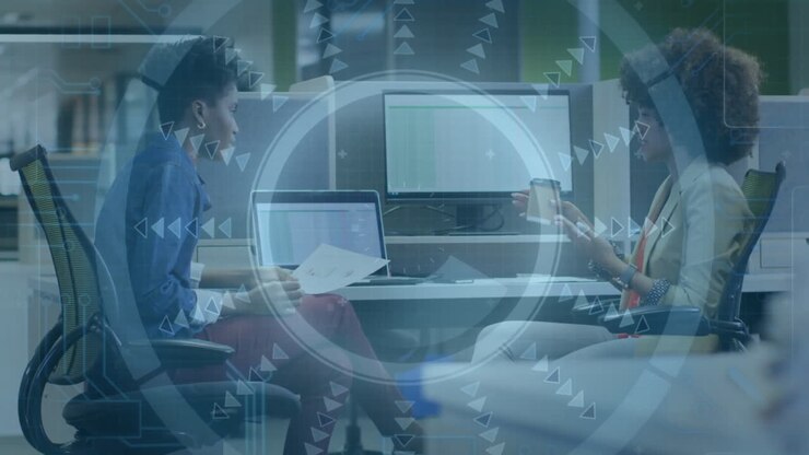 Animation of data processing over diverse business people in office