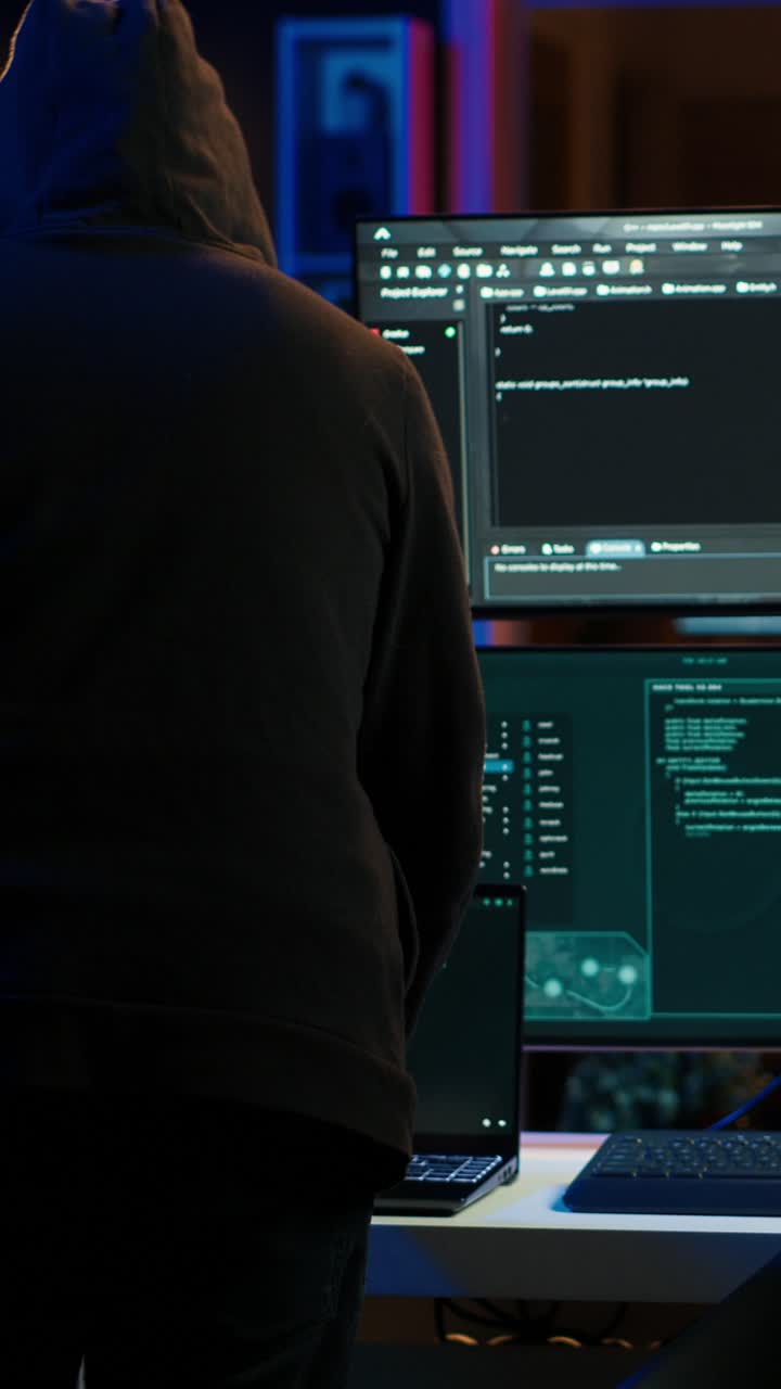 Vertical video Hacker arriving in hidden underground shelter, prepared to launch DDoS attack