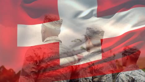 animation of flag of switzerland over diverse male soldiers
