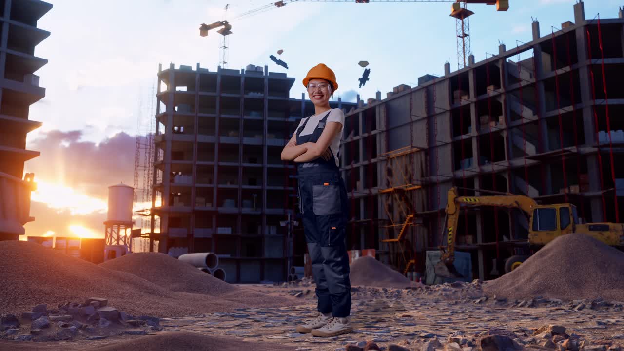 vista lateral completa del cuerpo de una trabajadora asiática que usa gafas de protección y casco de seguridad sonriendo y cruzando los brazos mientras está de pie en el sitio de construcción